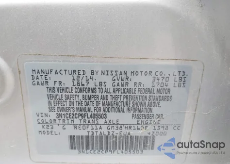 2015 Nissan Versa Note S (Sr)/S Plus/Sl/Sr/Sv из США, поврежденный, VIN 3N1CE2CP9FL405503